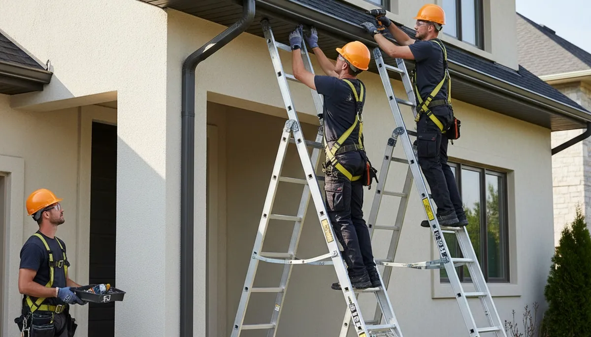 Nashville, TN gutter repair crew fixing storm-damaged gutters on a home by FX Remodeling & Exteriors