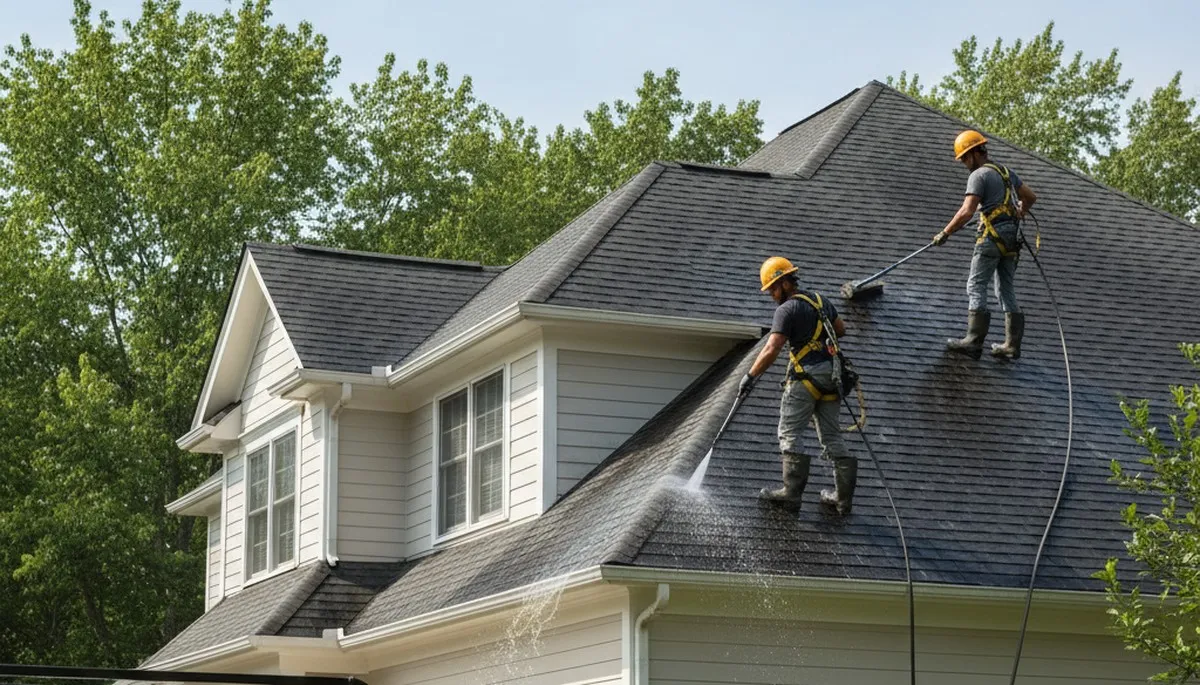 Nashville, TN roofing crew cleaning algae and moss from a residential roof for exterior protection