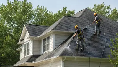 Nashville, TN roofing crew cleaning algae and moss from a residential roof for exterior protection